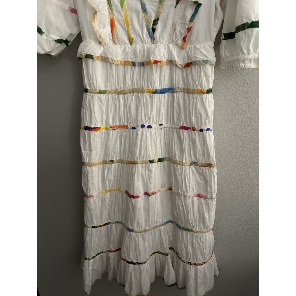 Farm Rio Mixed Print White Striped Midi Dress V-Neck Ruffle Puff Sleeves XS - Picture 5 of 8